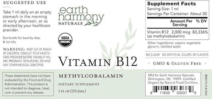 USDA Organic Vitamin B12 2000mcg Sublingual Liquid Supplement (2-Pack) - Vegan Methylcobalamin Drops for Natural Energy, Maintain Metabolism, and Immune System Support - 1 Fl Oz