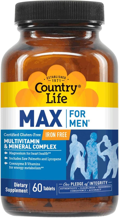 Country Life Max for Men, Multivitamin & Mineral Complex, Iron-Free, Vegetarian Tablets, 60 Count, Certified Gluten Free, Certified Vegetarian