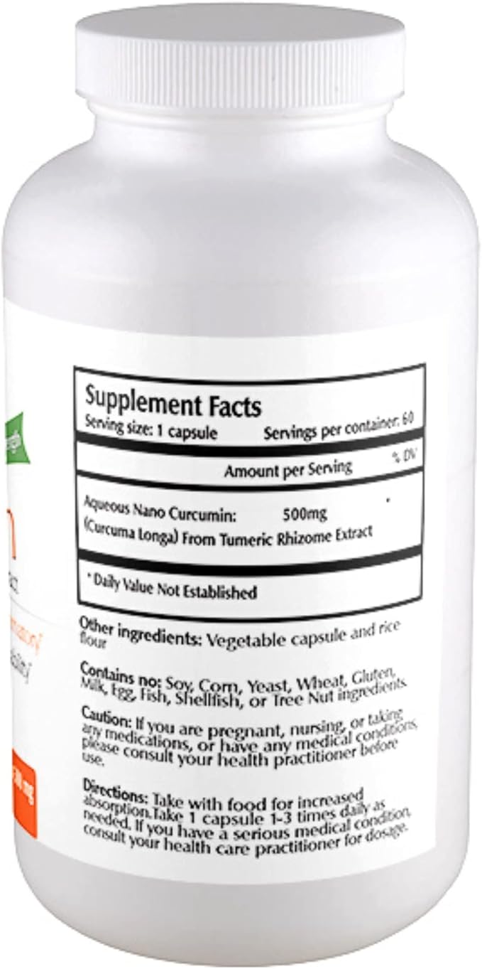 Nano Curcumin 500 mg Veggie Capsules (60 Servings), Nano for High Absorption, Supports Overall Wellness, Non-GMO, Vegan, Gluten-Free