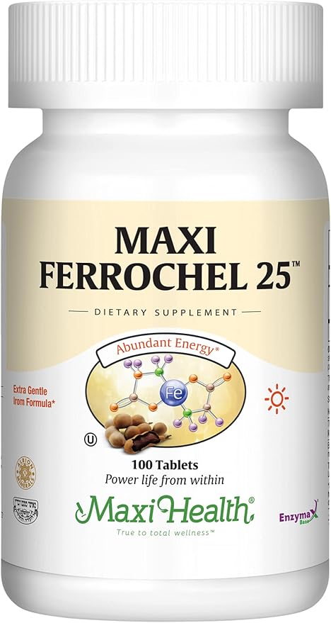 Maxi Health Iron Supplement - Gentle Iron Supplements for Men & Women - Ferrous Fumarate - Ferrochel 25 MG for Anemia & Red Blood Cell Production - Chelated Iron Pills - 100 Kosher Tablets