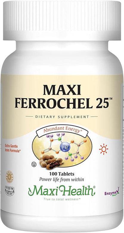 Maxi Health Iron Supplement - Gentle Iron Supplements for Men & Women - Ferrous Fumarate - Ferrochel 25 MG for Anemia & Red Blood Cell Production - Chelated Iron Pills - 100 Kosher Tablets