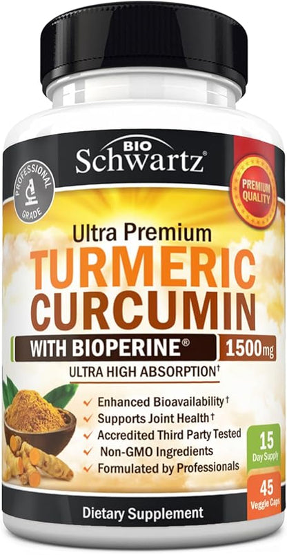 Turmeric Curcumin with Black Pepper Extract 1500mg - High Absorption Ultra Potent Turmeric Supplement with 95% Curcuminoids and BioPerine - Non GMO Tumeric Capsules for Joint Support - 45 Capsules