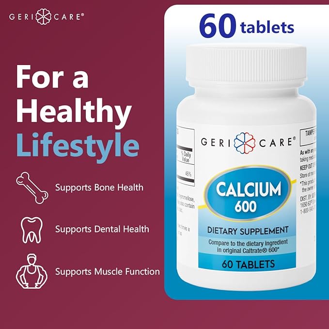 Gericare Calcium 600mg Supports Bone Health, Nutritional Supplement, 60 Count (Pack of 1)