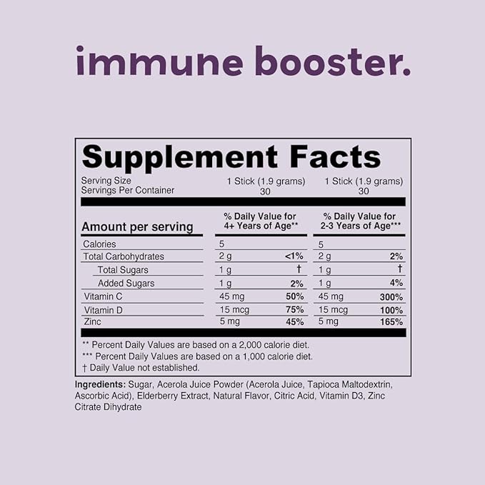 Kids Immune Booster with Elderberry, Acerola Cherry, Zinc, Vitamins C & D - Straight-to-Mouth Powder - 30 Servings - 2 Flavors