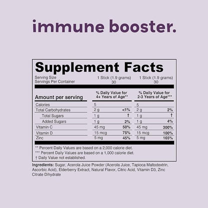 Kids Immune Booster with Elderberry, Acerola Cherry, Zinc, Vitamins C & D - Straight-to-Mouth Powder - 30 Servings - 2 Flavors
