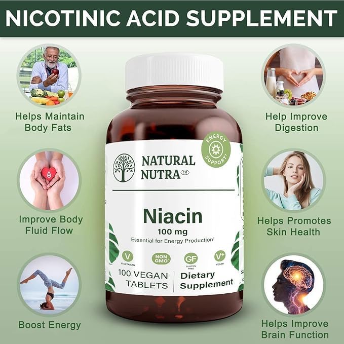 Natural Nutra Niacin Supplement for Energy, Help Maintain Body Fats, Help Improve Digestion, Helps Promotes Skin Health, Boost Energy and Brain Function, Non-GMO, Gluten-Free, 100 mg, 100 Tablets