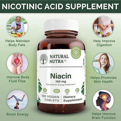 Natural Nutra Niacin Supplement for Energy, Help Maintain Body Fats, Help Improve Digestion, Helps Promotes Skin Health, Boost Energy and Brain Function, Non-GMO, Gluten-Free, 100 mg, 100 Tablets