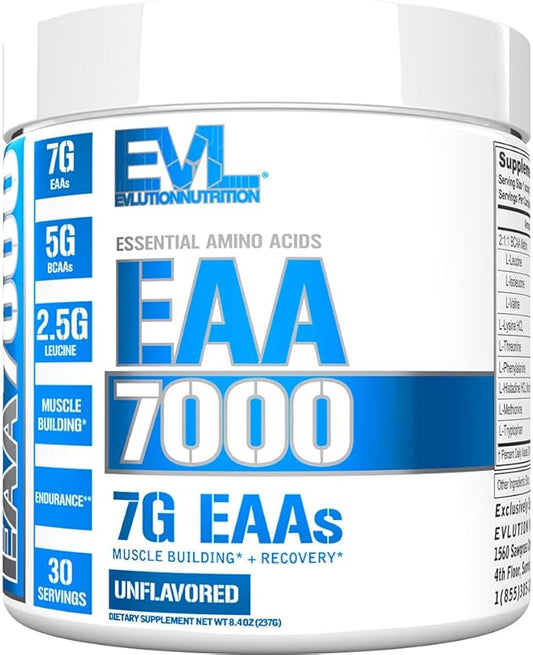 Evlution Nutrition EAA7000 - Pre & Post Workout Powder - Muscle Building + Recovery Supplement - 7g Essential Amino Acids + 5g BCAAs - Endurance + Energy Support - 30 Servings - Unflavored