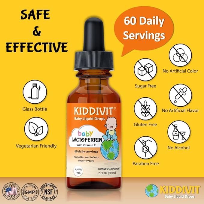 Kiddivit Baby Lactoferrin Liquid Drops - 60 Daily Servings, 2 Fl Oz (60 mL) - Inulin Fortified (Prebiotic, Dietary Fiber) - Sugar Free, Gluten Free, Vegetarian Friendly