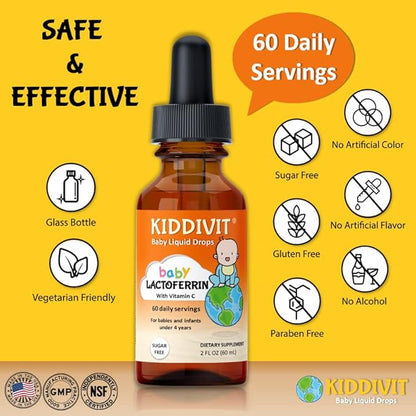 Kiddivit Baby Lactoferrin Liquid Drops - 60 Daily Servings, 2 Fl Oz (60 mL) - Inulin Fortified (Prebiotic, Dietary Fiber) - Sugar Free, Gluten Free, Vegetarian Friendly
