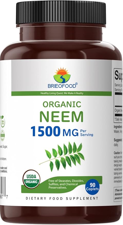 Brieofood Organic Neem 1500mg, 45 Servings, Vegetarian, Gluten Free, 90 Vegetarian Tablets