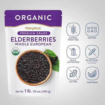 Piping Rock Elderberries Dried Organic | 1lb Bulk Supplement | European Whole Berries | Vegetarian, Non-GMO, Gluten Free