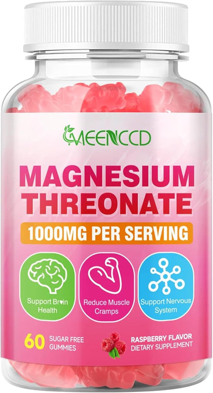 Magnesium Threonate Gummies 1000mg, Magnesium L-Threonate Supplement for Kids & Adults, Muscle & Nervous System Support, Non-GMO, Sugar-Free, Raspberry Flavor, 60 Count