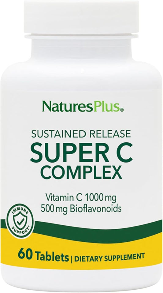 NaturesPlus Super C Complex, Sustained Release - 60 Tablets - 1000mg Vitamin C + 500mg Bioflavonoids - Vegetarian, Gluten Free - 60 Servings