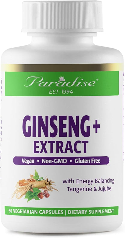 Paradise Herbs Ginseng Root Extract for Energy & Well-Being, Vegan, Non GMO, Gluten Free, Vitamin B1, B2 & B12, 60 Capsules