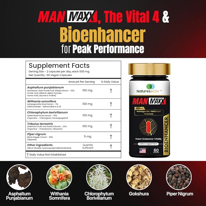 Nature's Activ Man Maxx Capsules with Shilajit - A Supplement Featuring Shilajit, Ashwagandha, Safed Musli, Gokshura, and Piperine. Each Bottle Contains 60 Capsules.