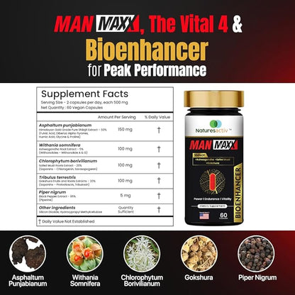 Nature's Activ Man Maxx Capsules with Shilajit - A Supplement Featuring Shilajit, Ashwagandha, Safed Musli, Gokshura, and Piperine. Each Bottle Contains 60 Capsules.