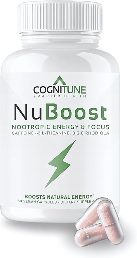 CogniTune NuBoost Energy & Focus Brain Supplement, Caffeine L-Theanine, Vitamin B12, Rhodiola + BioPerine, No Crash, Jitter Free 100mg Caffeine Pills, Clean Nootropic Brain Booster, 60 Ct