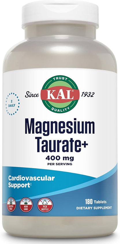 KAL Magnesium Taurate 400mg Plus CoEnzyme Vitamin B6, Chelated Magnesium Supplement, Muscle Function, Gluten Free, Vegan, 90 Serv, 180 Tablets