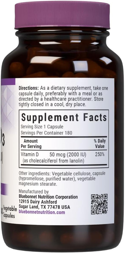 Bluebonnet Nutrition Vitamin D3 2000 IU Vegetable Capsule, Aid in Muscle and Skeletal Growth, Cholecalciferol from Lanolin, D3, Non GMO, Gluten Free, Soy Free, Milk Free, Kosher, 180 Vegetable Capsule