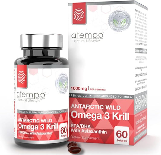 Antarctic Krill Oil 1000mg Rich in Omega 3 Healthy Fatty Acid Extra Strength EPA & DHA with Natural Astaxanthin, Heart & Brain Health, Superior Absorption 60 Small softgels. No Aftertaste or Reflux