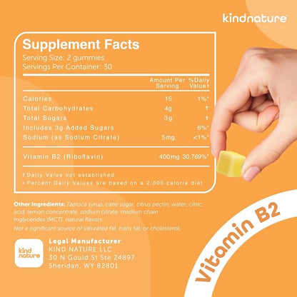 Kind Nature Vitamin B2 Gummies - Riboflavin 400mg Supplement for Kids & Adults - Non-GMO, Soy & Gluten-Free, Vegan Chewable Gummies (30 Day Supply)