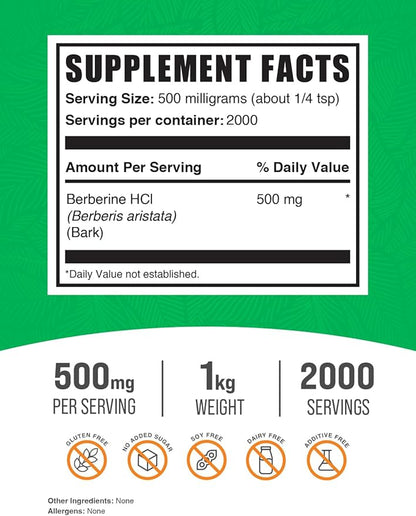 BulkSupplements.com Berberine HCl Powder - Berberine Supplement, Berberine 500mg, Berberine Powder - Gluten Free, 500mg per Serving, 1kg (2.2 lbs) (Pack of 1)