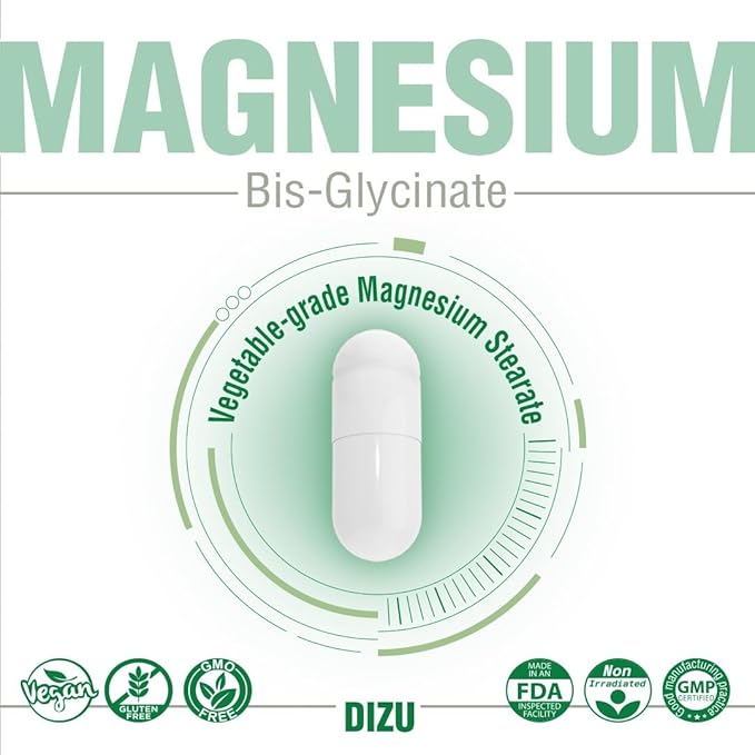 Dizu - Magnesium Bisglycinate 200 mg, Pure Elemental Chelated Complex, Supports Sleep, Muscle, Bone, Heart & Energy Metabolism, with Glycine & Oxide, Vegetable Capsules