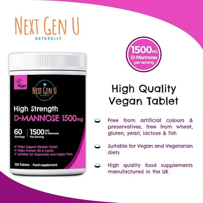 D Mannose - 1500 mg - Health Food & Dietary Supplement - 120 Vegan Caplets - May Help Support a Healthy Urinary Tract & Bladder - by NextGenU