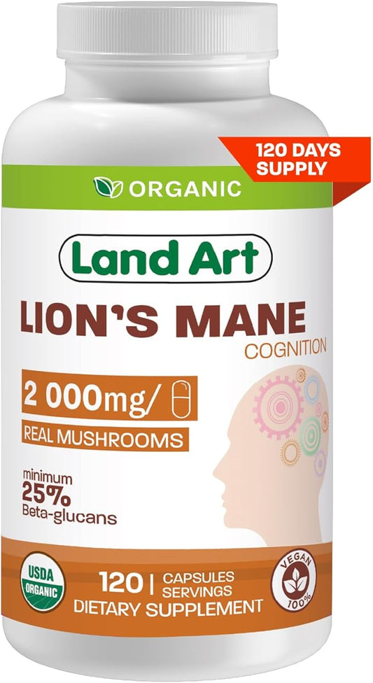 Land Art Certified Organic Lion's Mane - Cognition & Memory - 120 Days Supply - 2000mg - Cognition & Memory - Multiple Extraction - Mental Clarity - Focus
