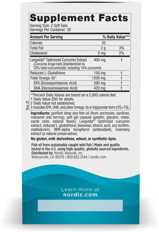 Nordic Naturals Omega Curcumin, Lemon - 60 Soft Gels - 1200 mg Omega-3 + 400 mg Optimized Curcumin - Combats Cellular Stress - Non-GMO - 30 Servings