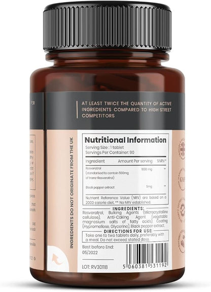 pureclinica 1000mg Resveratrol x 180 Tablets (2 Bottles of 90 Tablets Each - 6 Months Supply). 10 x Strength and with Black Pepper Extract for Faster Absorption