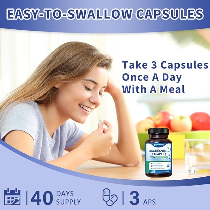 Magnesium Complex Supplement 120 Capsules of Magnesium Glycinate Malate Taurate Lactate Chelated and Purified Bone Heart Sleep Support 240 mg