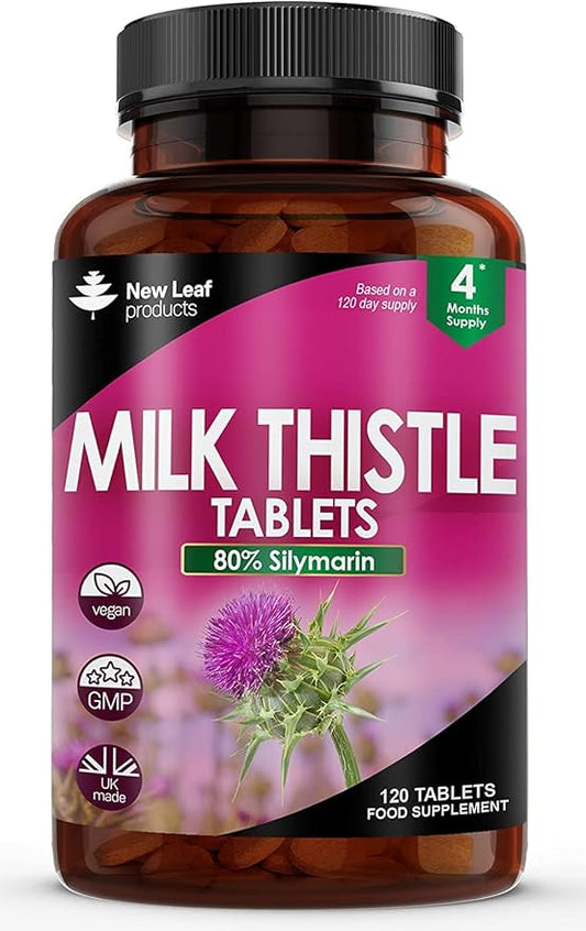New Leaf Products Milk Thistle 1000mg Tablets (4 Month Supply) High Strength 2000mg 80% Silymarin, Vegan Tablets, GMO-Free, Gluten-Free 120 Tablets