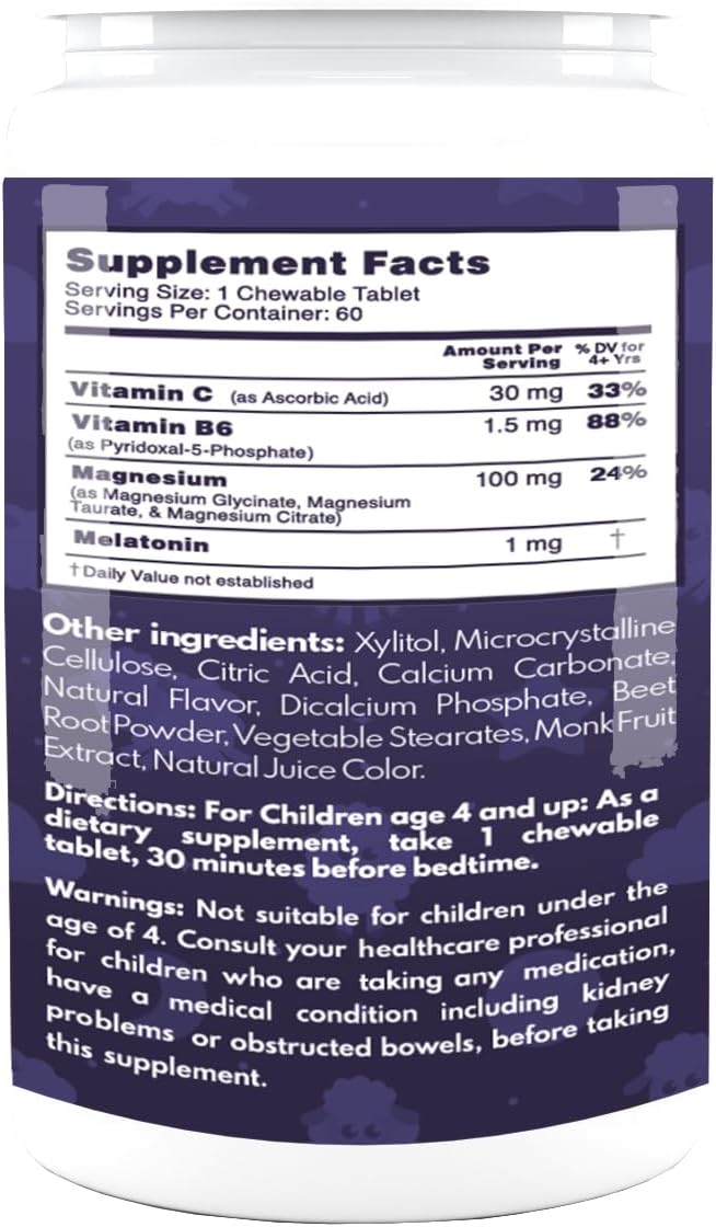 VAL Sugar-Free Calm Magnesium for Kids PM Chewable Tablets | Magnesium Glycinate, Citrate & Taurate | Melatonin & Vitamins B6 & C | Bedtime Support | Non-GMO | Blueberry Yogurt Flavor | 60 Count