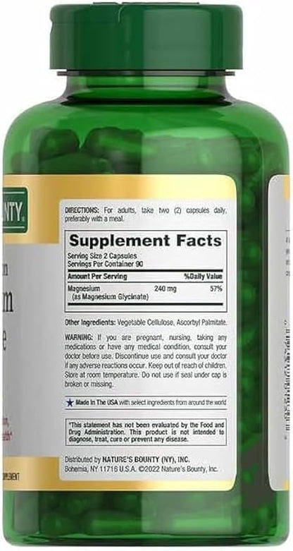 Natures Bounty Magnesium Glycinate Large Bottle / 180 Capsules 240 mg