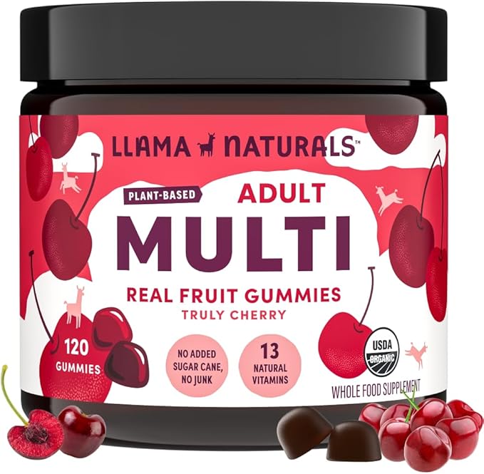 Llama Naturals Multivitamin for Women and Men, Vegan, Organic Gummies with Vitamin D, C and K, Adults Real Fruit Gummy Vitamins, Chewable Multivitamin Supplement, No Added Sugar Cane, Cherry, 120 Ct