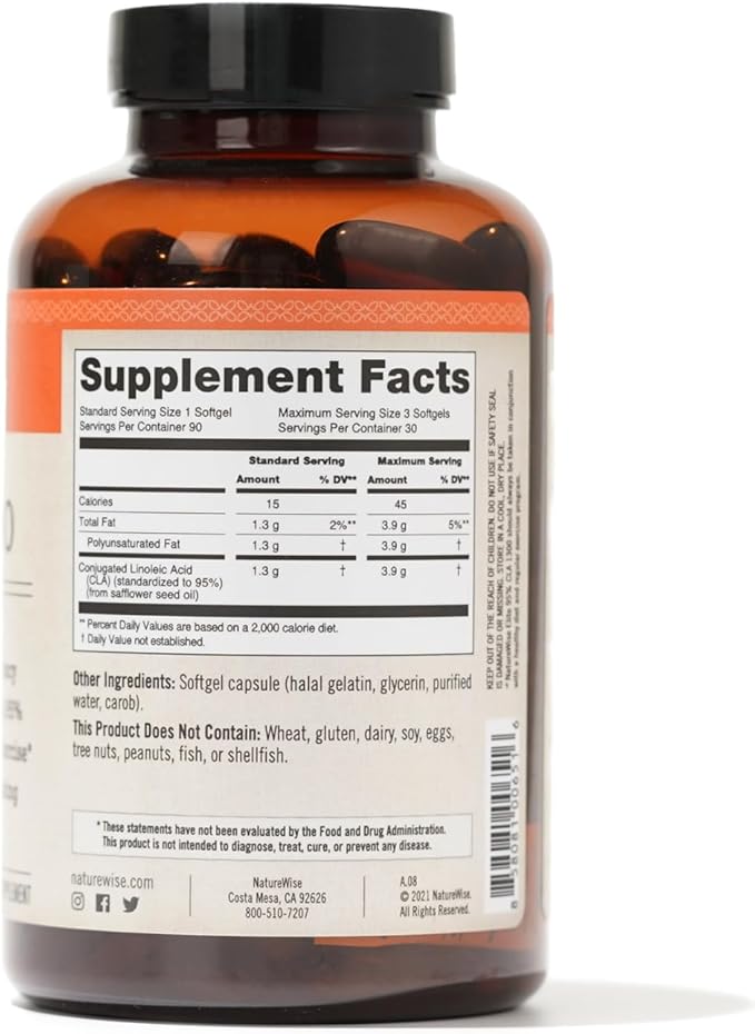 NatureWise CLA 1300 - 95% Active Conjugated Linoleic Acid for Women and Men, Not Stimulating, Supports Weight & Fitness Goals - Non-GMO, Gluten Free - 90 Softgels[1-Month Supply]
