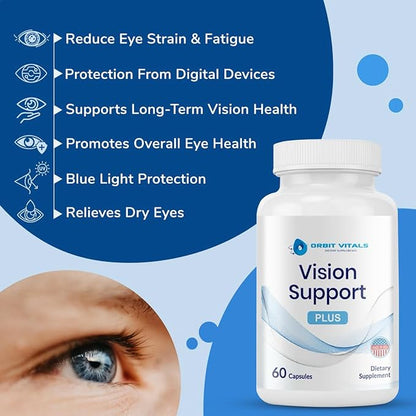 Vision Support Supplements with Lutein, Zeaxanthin, Bilberry Extract - Eye Care Health Vitamin for Eye Strain, Dry Eyes, Screen Blue Light - Ideal for Adults, Elderly - Made in USA, 60 Veggie Capsules