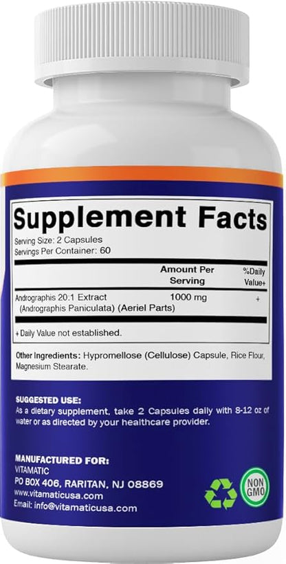 Vitamatic Andrographis Extract 1000 mg Per Serving - 120 Veg Capsules - 20X Extract, 100% Vegetarian, All-Natural, Gluten Free, Non-GMO