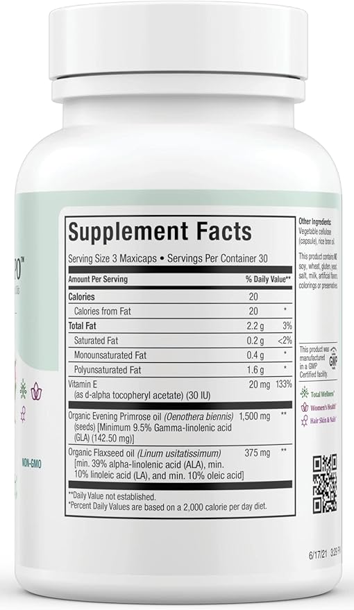 Maxi Health Women's Organic Evening Primrose Oil Capsules 1500mg - EPO Gamma Linolenic Acid Supplement - PMS & Hot Flashes Menopause Relief - GLA Hormonal Acne Supplements (90 Count)