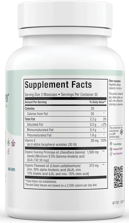 Maxi Health Women's Organic Evening Primrose Oil Capsules 1500mg - EPO Gamma Linolenic Acid Supplement - PMS & Hot Flashes Menopause Relief - GLA Hormonal Acne Supplements (90 Count)