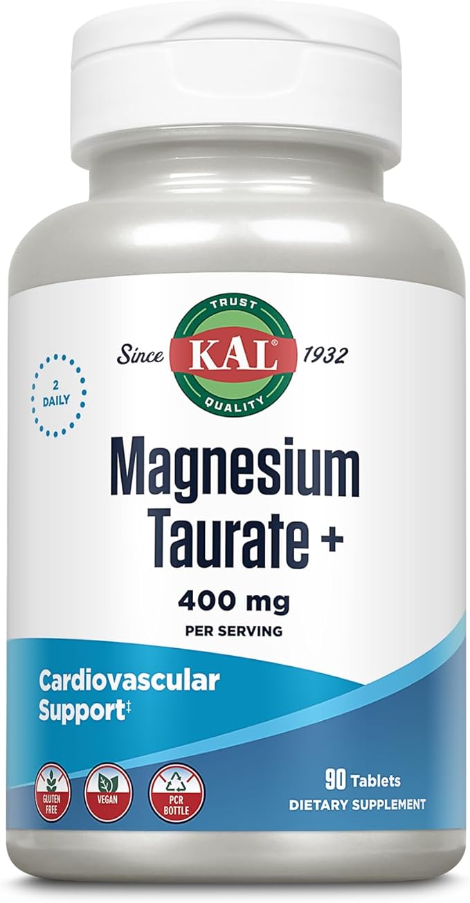 KAL Magnesium Taurate 400mg Plus CoEnzyme Vitamin B6, Chelated Magnesium Supplement, Healthy Muscle Function, Nerve and Heart Health Support, Gluten Free, Vegan, 60-Day Guarantee, 45 Serv, 90 Tablets