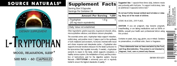 Source Naturals L-Tryptophan, for Mood, Relaxation, and Sleep*, 500mg - 60 Capsules