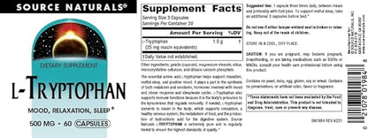 Source Naturals L-Tryptophan, for Mood, Relaxation, and Sleep*, 500mg - 60 Capsules