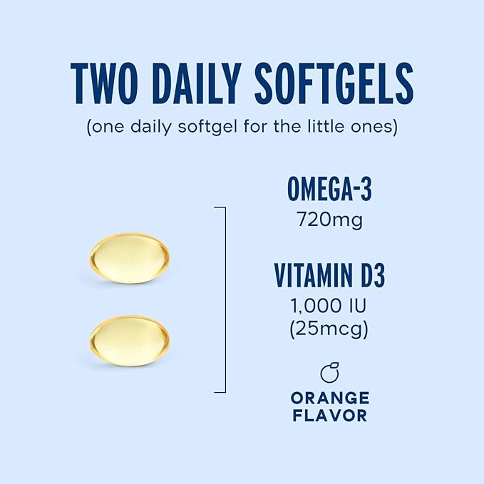 Oceanblue Essentials Everyday Omega Minis – 180ct – Burpless Fish Oil with Vitamin D3 – for Heart and Immune Support – Easy to Swallow Mini Softgels – Tasty Orange Flavor – 3 Month Supply