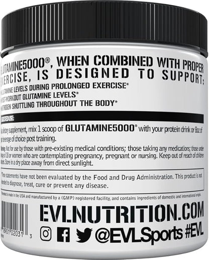 Pure Vegan L-Glutamine Powder Supplement - Evlution Nutrition Nitric Oxide Booster 5g L Glutamine Supplement for Post Workout Recovery Enhanced Pumps Gut Health Energy and Immunity - Unflavored