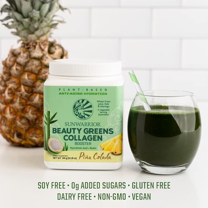 Sunwarrior Vegan Beauty Greens Drink Plant-Based | Hyaluronic Acid Minerals Biotin Probiotics Non-GMO Soy Free Sugar Free Dairy Free Gluten Free | Pina Colada 25 Servings