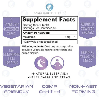 Natural Melatonin 3mg Chewable Tablets - Fast Acting 3 mg Sleeping Pills for Kids, Teens, and Adults, Unflavored, Non Addictive, Dissolvable Sleep Support Aid, 50 Chewables
