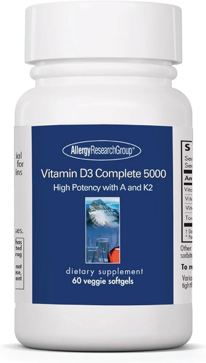 Allergy Research Group Vitamin D3 Complete 5000 IU - Vitamin D3 and K2 Supplement, Daily Balance, with Vitamin A, DeltaGold Tocotrienols, High Potency, Veggie Softgels - 60 Count